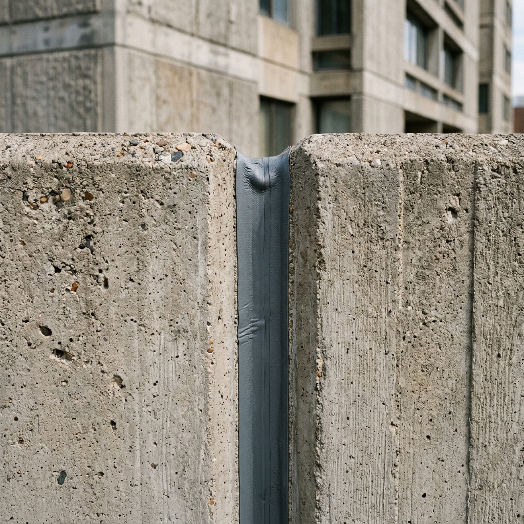 Building structural gap and expansion joint showing water leaks and seismic movement