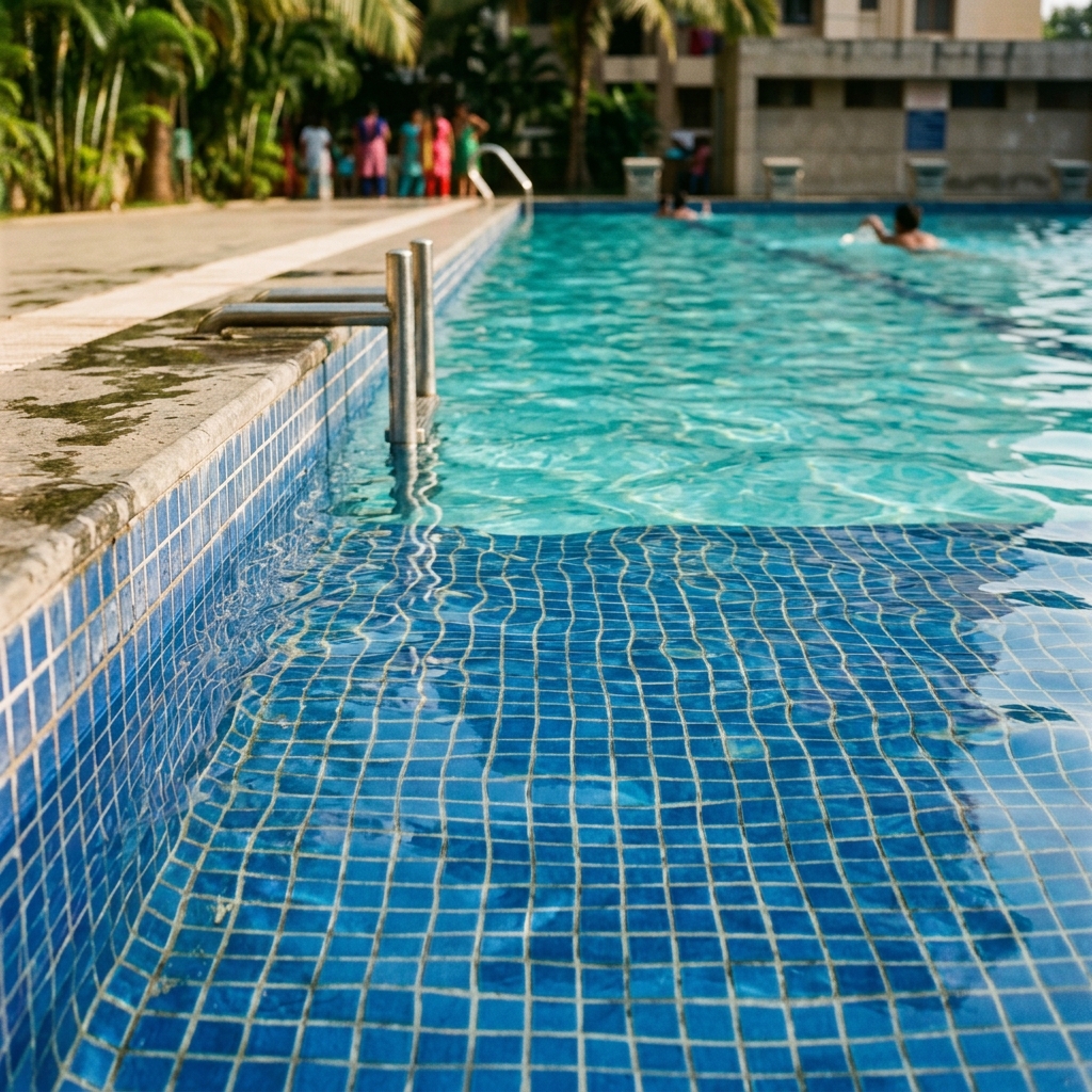 Swimming pool tiled shell interior showing water leaks through microjoints