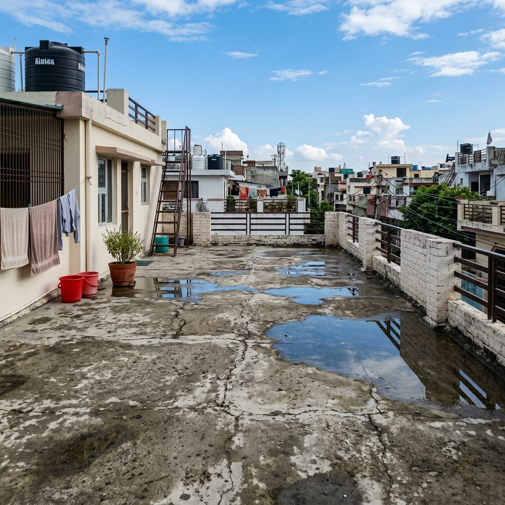 Severely cracked concrete terrace roof showing structural dampness and water seepage