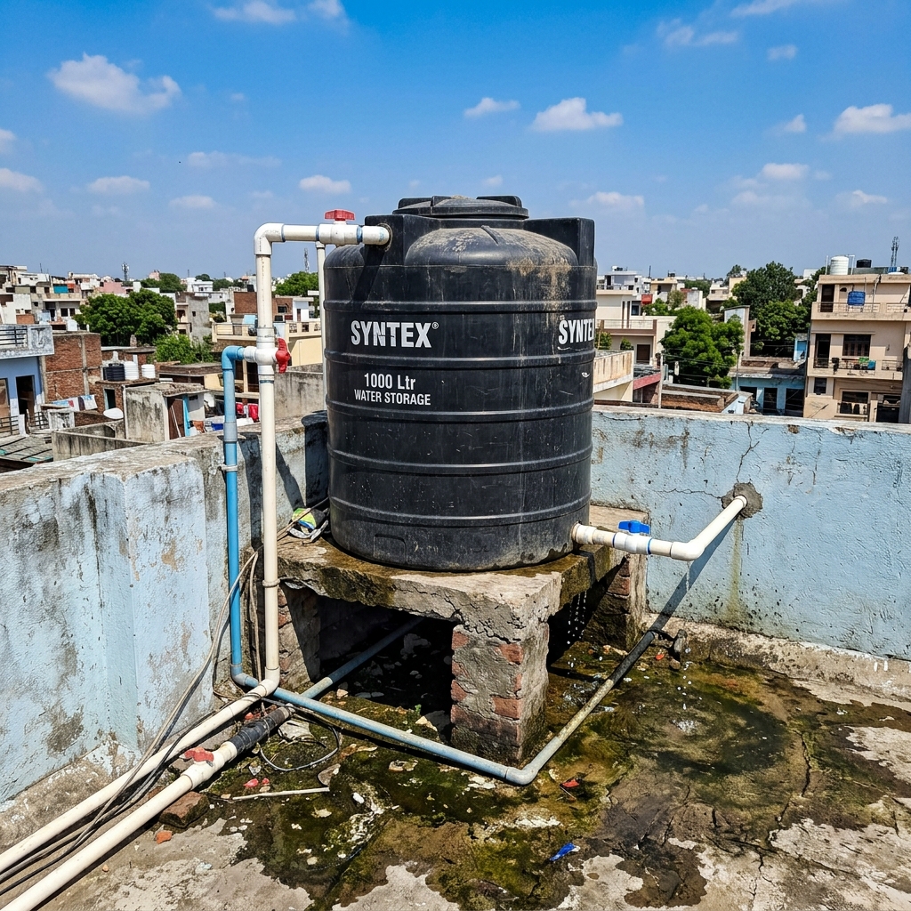 Interior concrete water storage tank showing leakages and structural cracks
