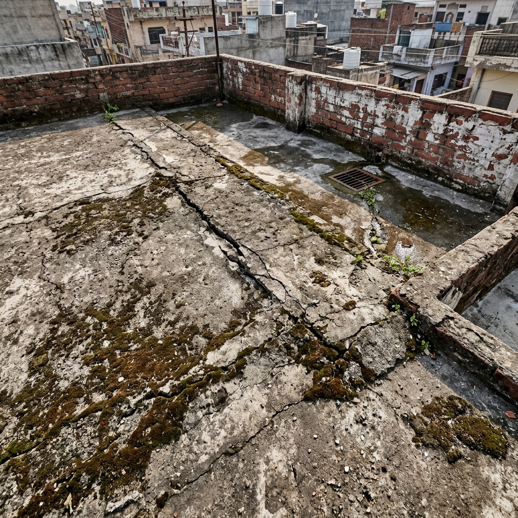 Damaged concrete terrace with cracks before repair