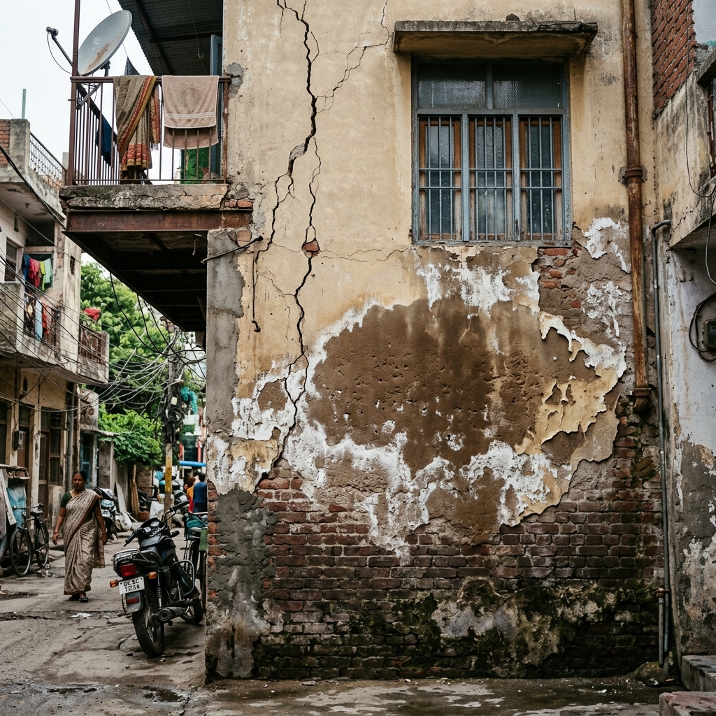 Indian brick wall with cracks and plaster peeling from dampness